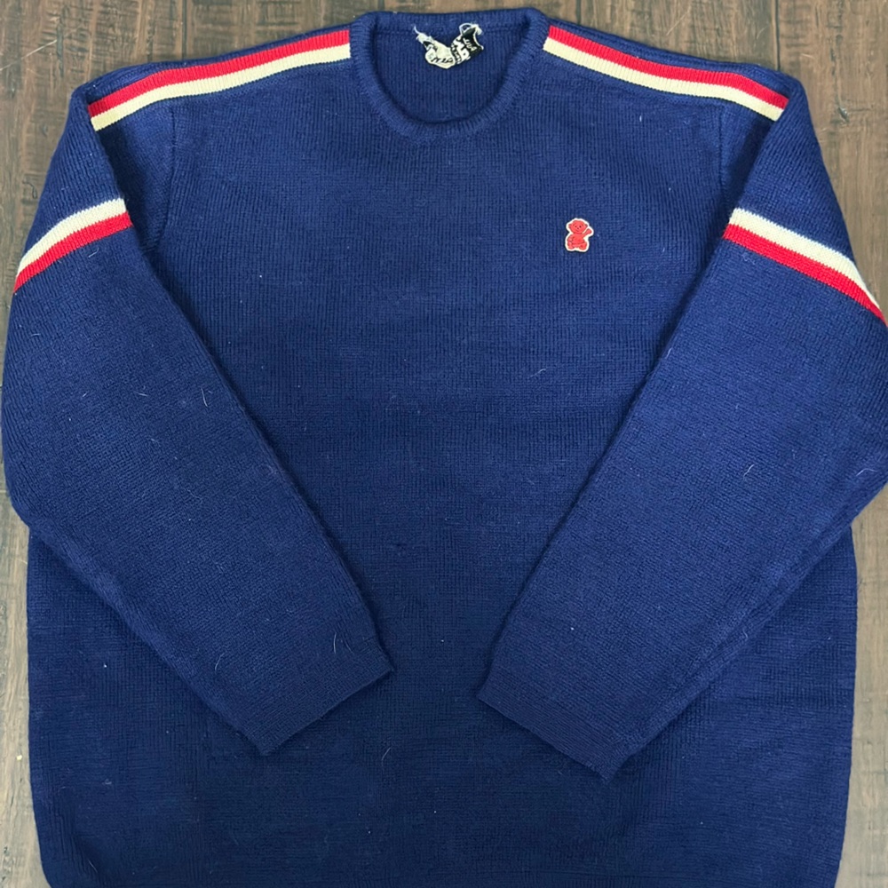 Montant navy blue sweater with red and white stripe detail sweater